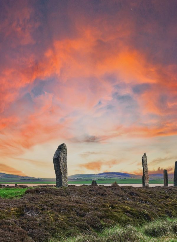 Orkney. A group of stones sitting on top of a lush green field