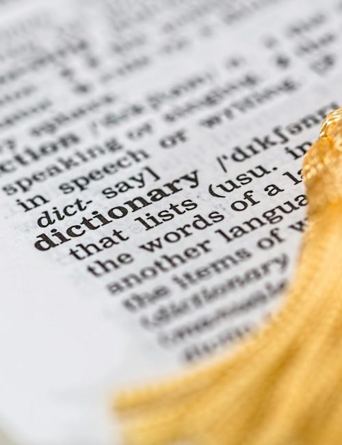 Close-up image of a dictionary page focused on the word 'dictionary' with a yellow tassel.